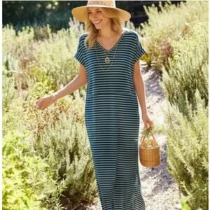 Matilda Jane Set Sail Maxi Dress Teal White Nautical Stripe Womens L Jersey Knit